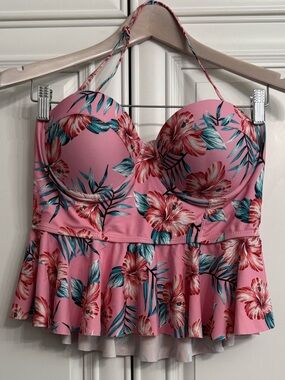 Women’s XL Pink Floral 2pc Tankini Swimsuit Peplum Halter Top High Waist Bottom